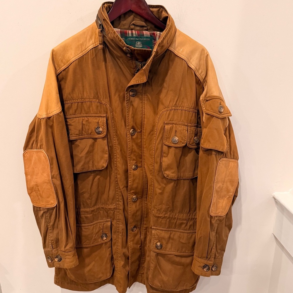 Vintage Orvis Mens Large Field Jacket Hidden Hood Leather Patch Brown Coat